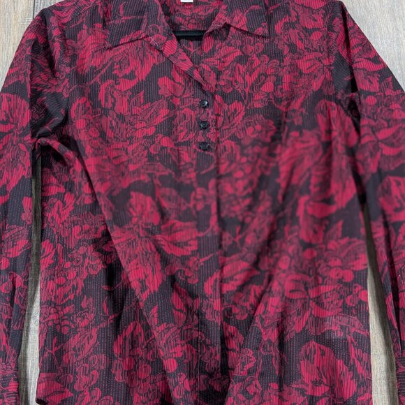 Coldwater Creek Top Womens Medium Petite Red Floral Button Up Long Sleeve - Picture 2 of 9